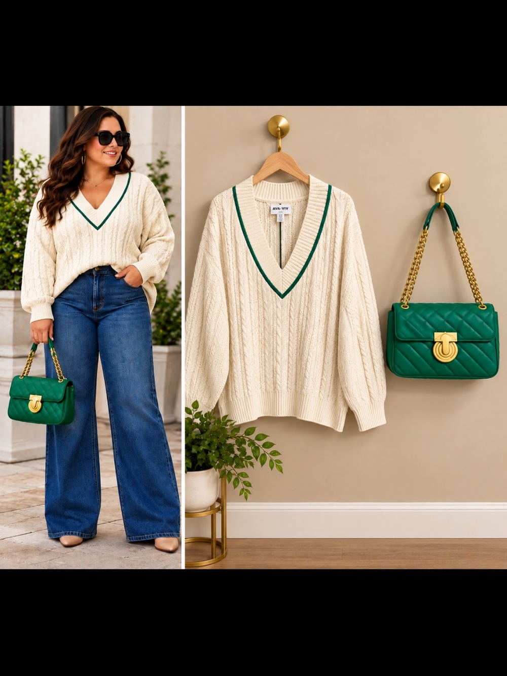 Ava & Viv Cream Cable V-Neck Sweater with Green Trim